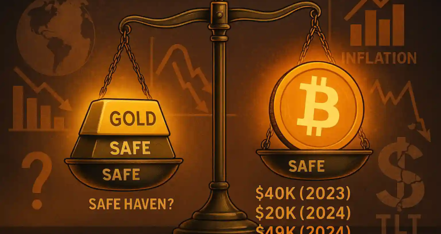 Illustration of gold and bitcoin on a scale comparing their status as safe haven assets during inflation and market volatility.