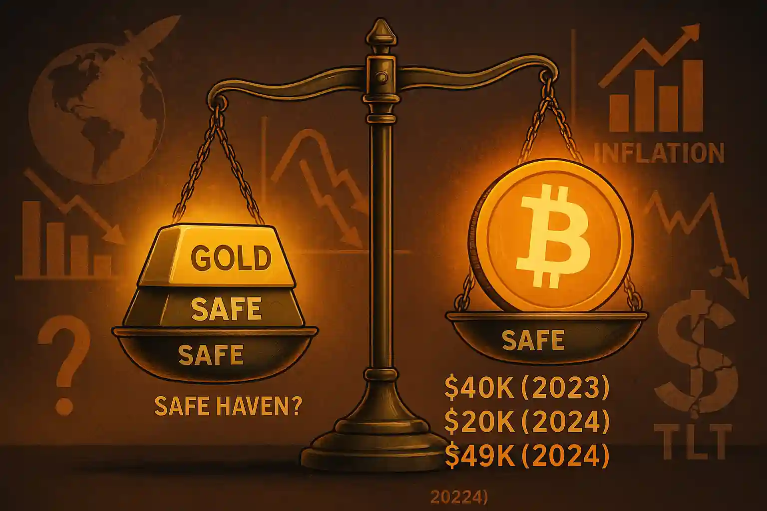 Illustration of gold and bitcoin on a scale comparing their status as safe haven assets during inflation and market volatility.