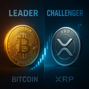 Illustration comparant Bitcoin en pièce dorée et XRP en pièce argentée sur fond contrasté, reliés par un graphique haussier.