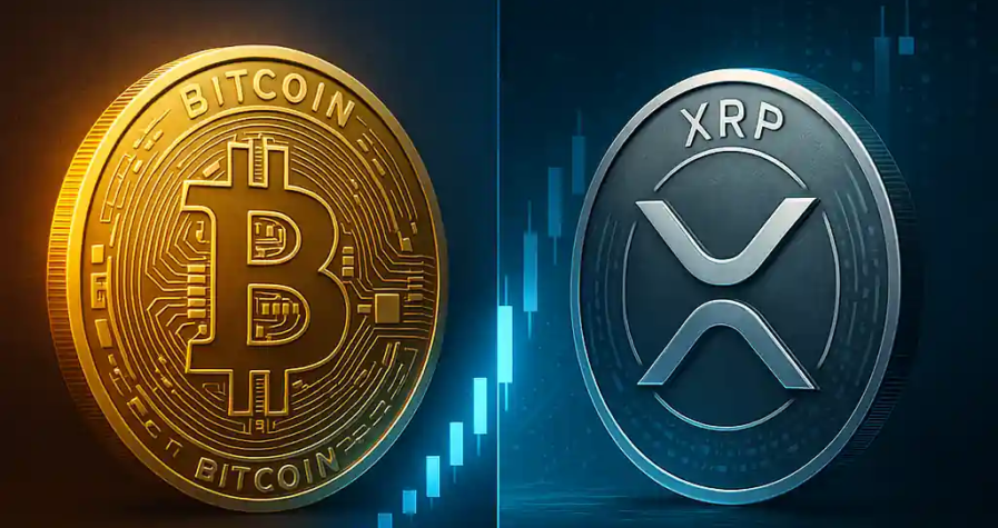 Illustration comparant Bitcoin en pièce dorée et XRP en pièce argentée sur fond contrasté, reliés par un graphique haussier.