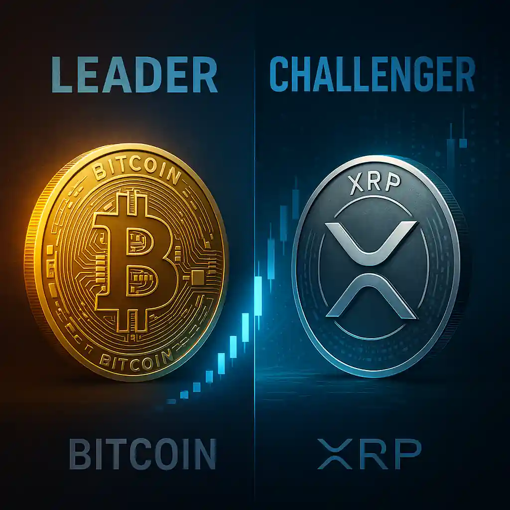 Illustration comparant Bitcoin en pièce dorée et XRP en pièce argentée sur fond contrasté, reliés par un graphique haussier.