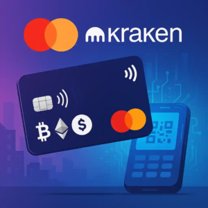 Carte Mastercard et Kraken avec symboles crypto (Bitcoin, Ethereum), posée devant un terminal de paiement sur fond numérique violet-bleu.