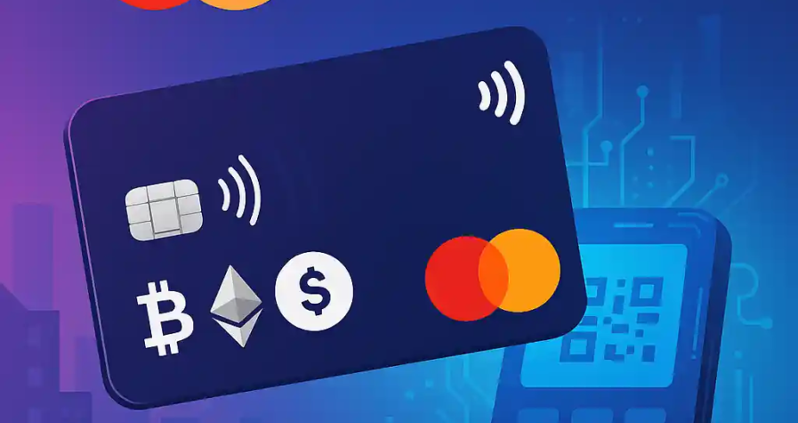 Carte Mastercard et Kraken avec symboles crypto (Bitcoin, Ethereum), posée devant un terminal de paiement sur fond numérique violet-bleu.
