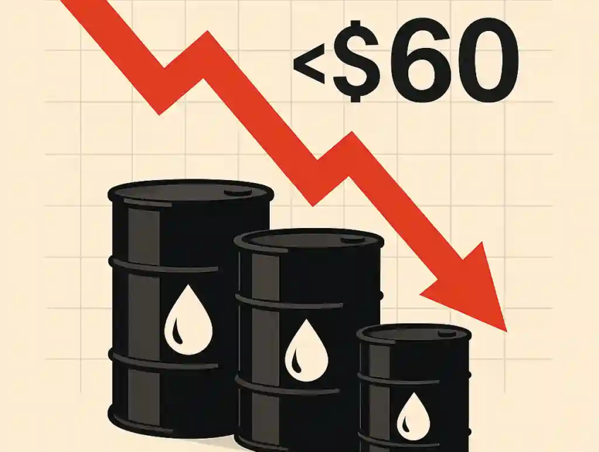 Graphique illustrant la chute du prix du pétrole avec flèche rouge descendante et barils de pétrole
