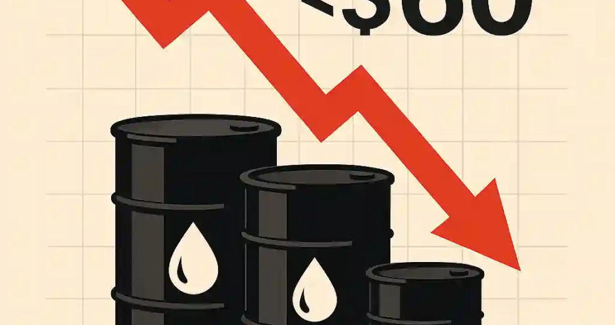 Graphique illustrant la chute du prix du pétrole avec flèche rouge descendante et barils de pétrole