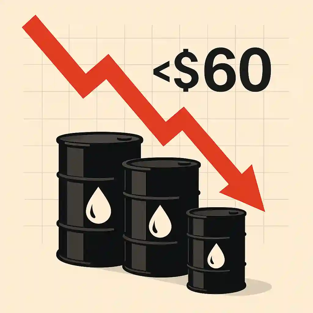 Graphique illustrant la chute du prix du pétrole avec flèche rouge descendante et barils de pétrole