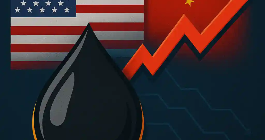 Illustration représentant une goutte de pétrole sur fond de tensions entre les États-Unis et la Chine, avec une flèche rouge descendante.