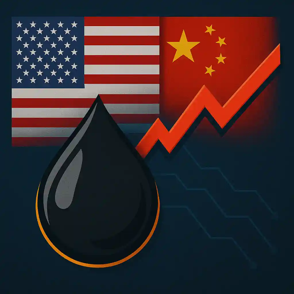 Illustration représentant une goutte de pétrole sur fond de tensions entre les États-Unis et la Chine, avec une flèche rouge descendante.