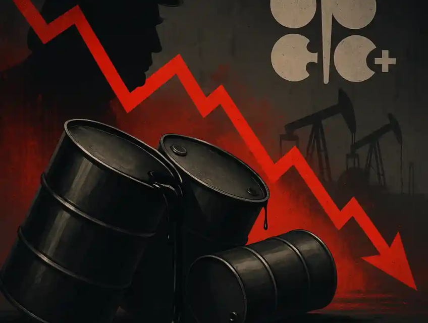 Barils de pétrole renversés, graphique rouge en chute et silhouette de Trump avec le logo OPEP+ en fond dramatique.