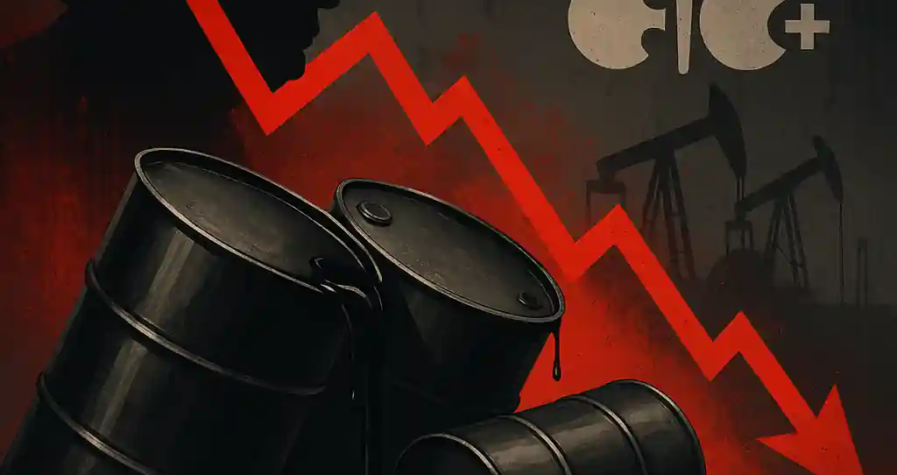 Barils de pétrole renversés, graphique rouge en chute et silhouette de Trump avec le logo OPEP+ en fond dramatique.