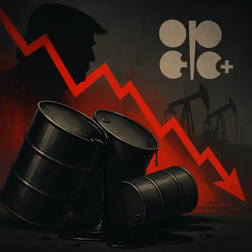 Barils de pétrole renversés, graphique rouge en chute et silhouette de Trump avec le logo OPEP+ en fond dramatique.