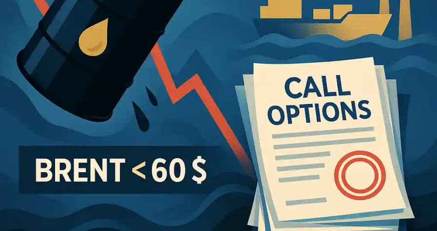 Baril de pétrole chutant avec graphique rouge, à côté de documents “Call Options” empilés et icônes industrielles.