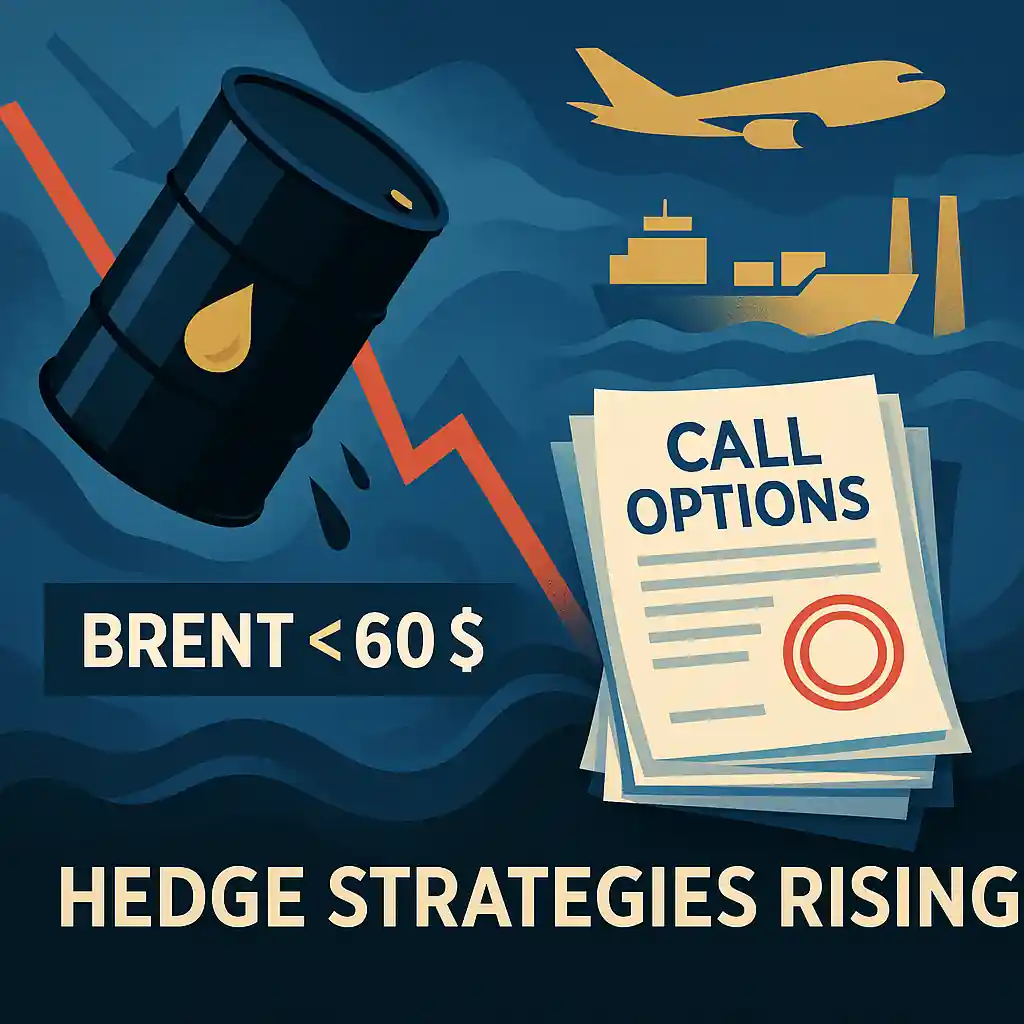 Baril de pétrole chutant avec graphique rouge, à côté de documents “Call Options” empilés et icônes industrielles.