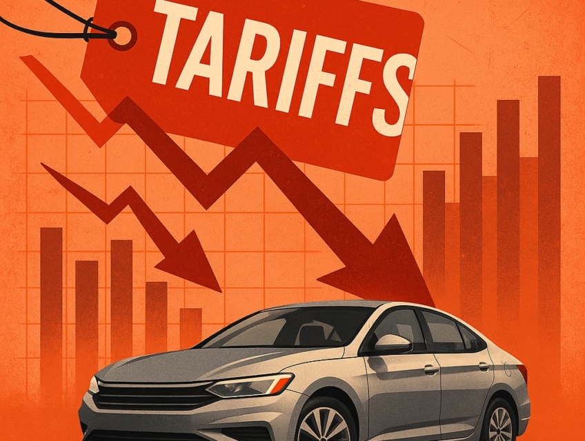 Illustration of a sedan overshadowed by a red “TARIFFS” label and falling financial graphs, symbolizing customs impact on the auto sector.