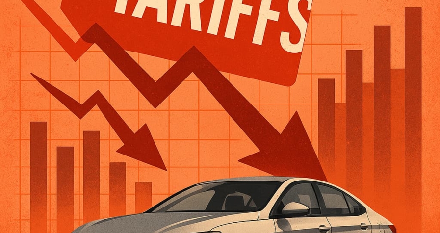 Illustration of a sedan overshadowed by a red “TARIFFS” label and falling financial graphs, symbolizing customs impact on the auto sector.