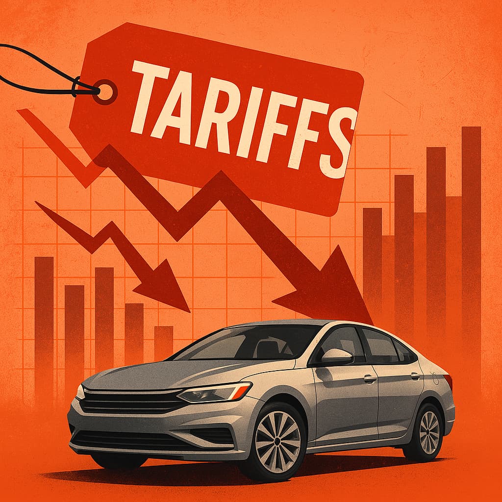 Illustration of a sedan overshadowed by a red “TARIFFS” label and falling financial graphs, symbolizing customs impact on the auto sector.