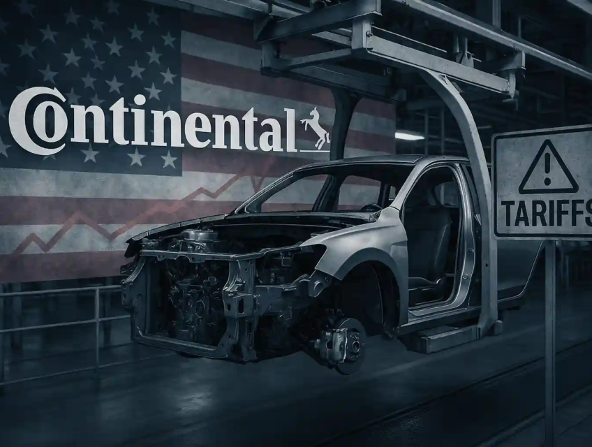 Chaîne de montage automobile avec véhicule partiellement assemblé, logo Continental et panneau "Tariffs" sur fond de drapeau américain.