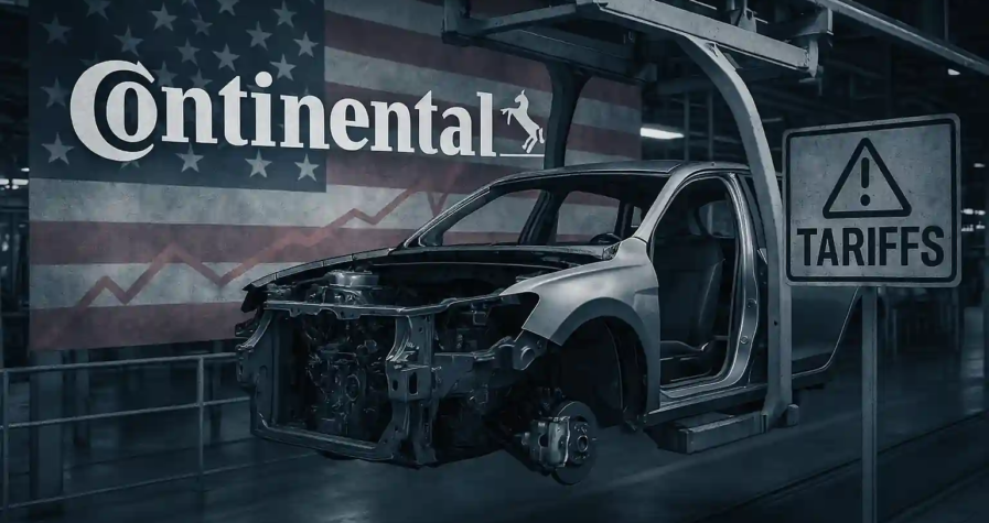 Chaîne de montage automobile avec véhicule partiellement assemblé, logo Continental et panneau "Tariffs" sur fond de drapeau américain.