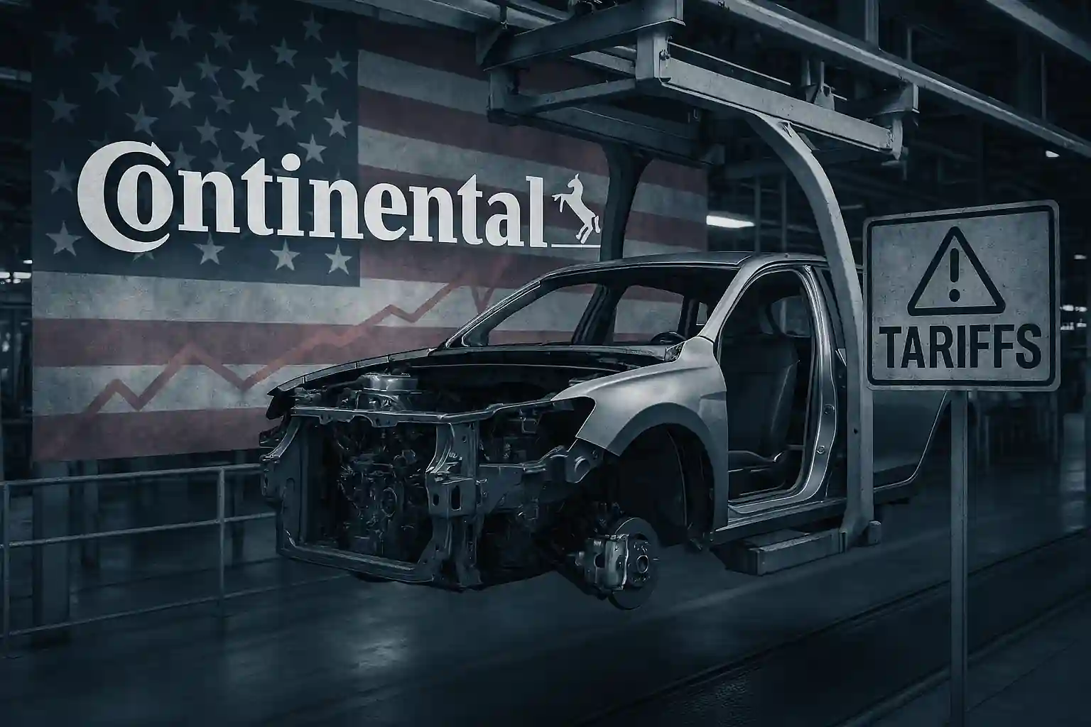 Chaîne de montage automobile avec véhicule partiellement assemblé, logo Continental et panneau "Tariffs" sur fond de drapeau américain.