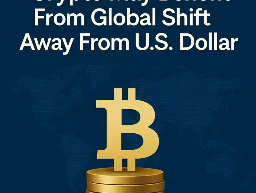 Bitcoin symbol and world map background illustrating crypto’s rise amid global shift away from U.S. dollar dominance.
