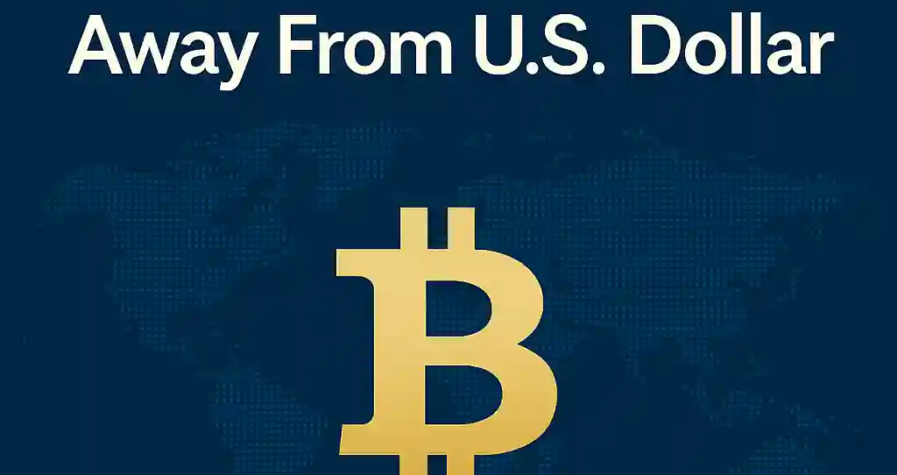 Bitcoin symbol and world map background illustrating crypto’s rise amid global shift away from U.S. dollar dominance.