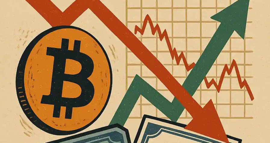 Vintage-style illustration showing a visual shift from falling Bitcoin symbols to rising tech stock icons, reflecting 2025 investor sentiment.