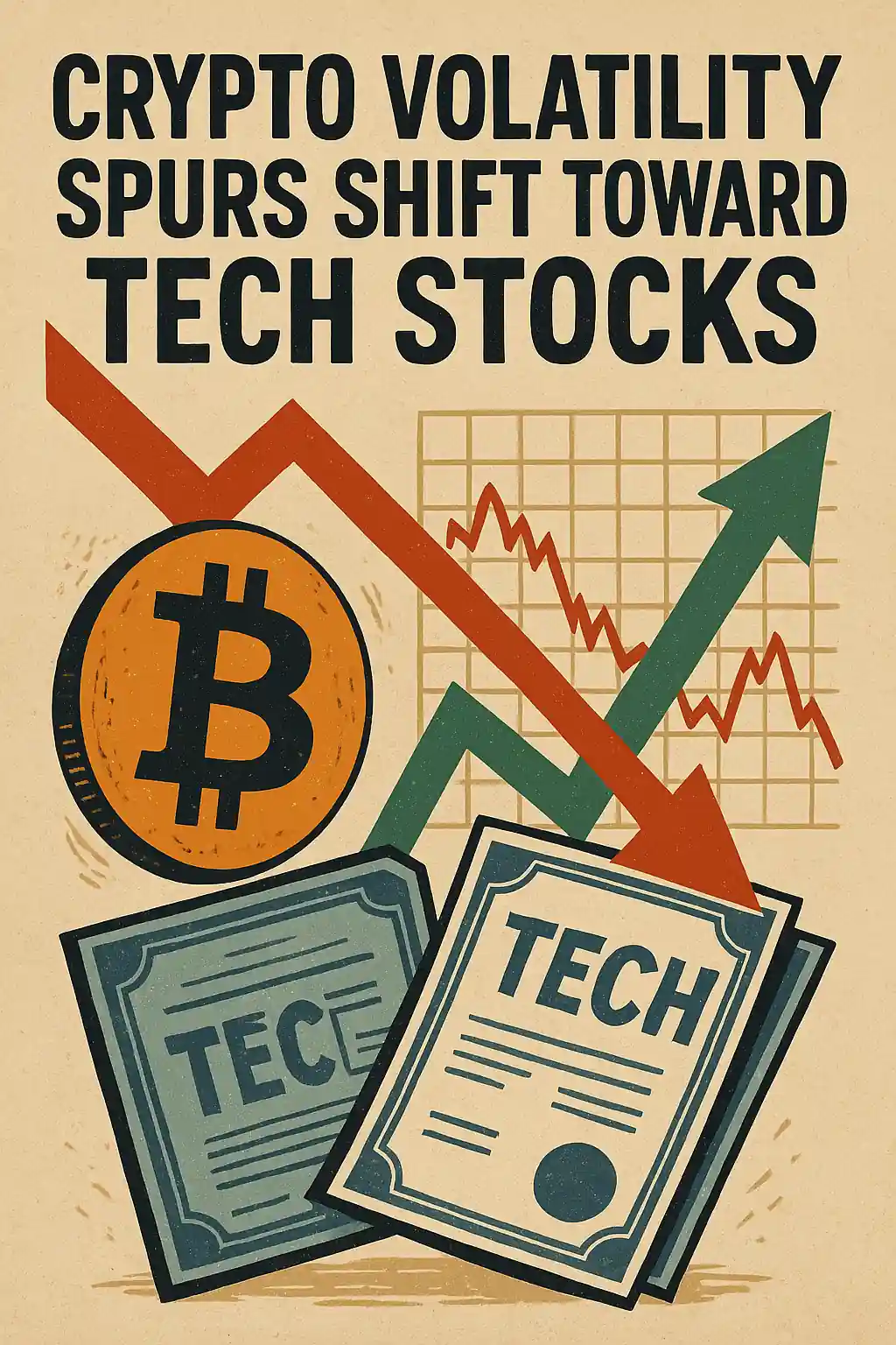Vintage-style illustration showing a visual shift from falling Bitcoin symbols to rising tech stock icons, reflecting 2025 investor sentiment.