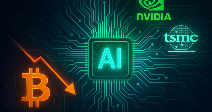 Bitcoin en déclin connecté à des circuits IA, avec les logos de Nvidia et TSMC sur fond technologique néon.