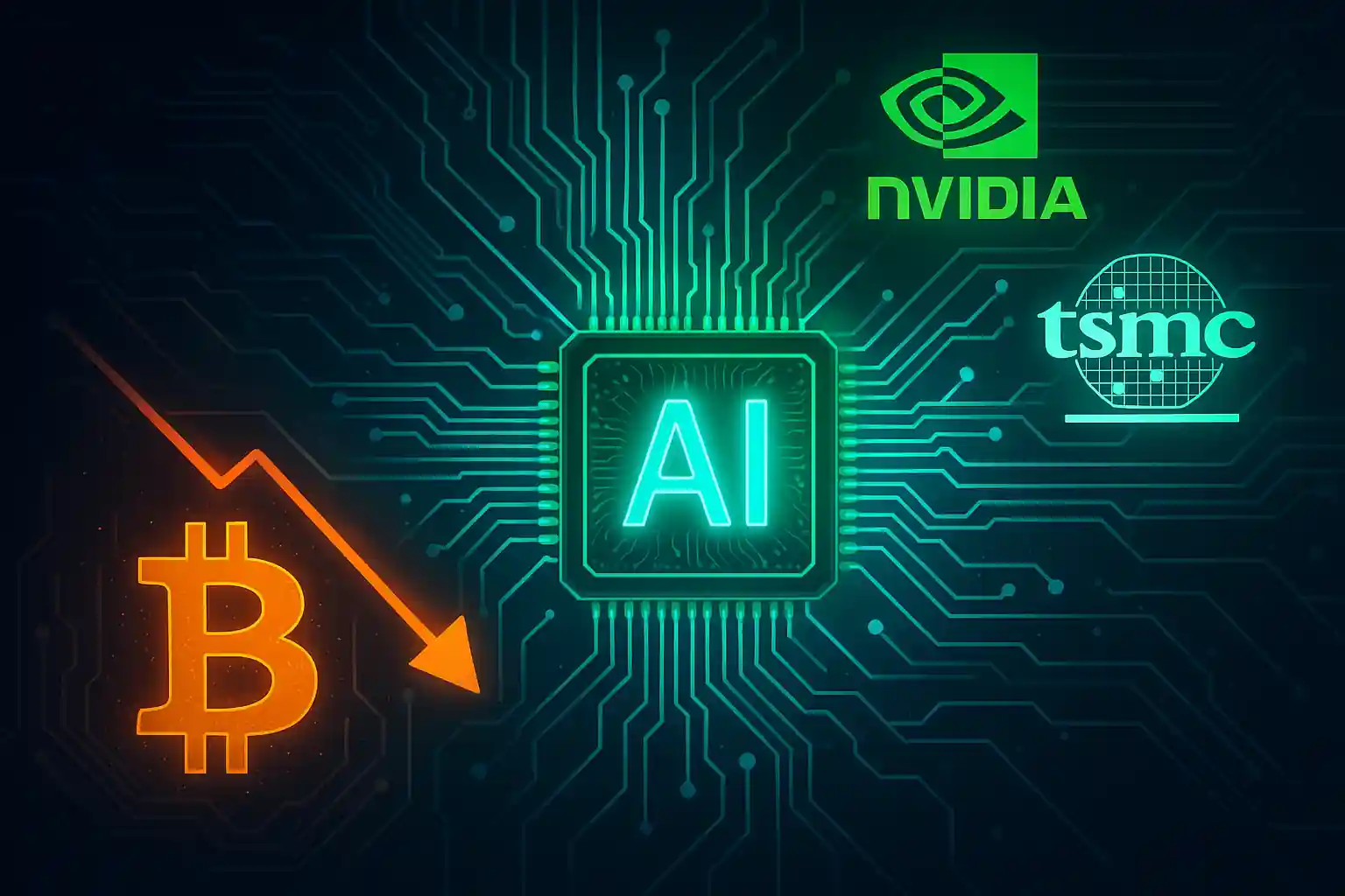 Bitcoin en déclin connecté à des circuits IA, avec les logos de Nvidia et TSMC sur fond technologique néon.