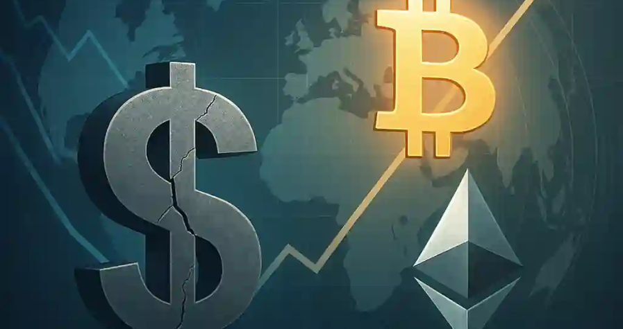 Symbole dollar fissuré à côté de Bitcoin et Ethereum lumineux sur fond de carte mondiale.