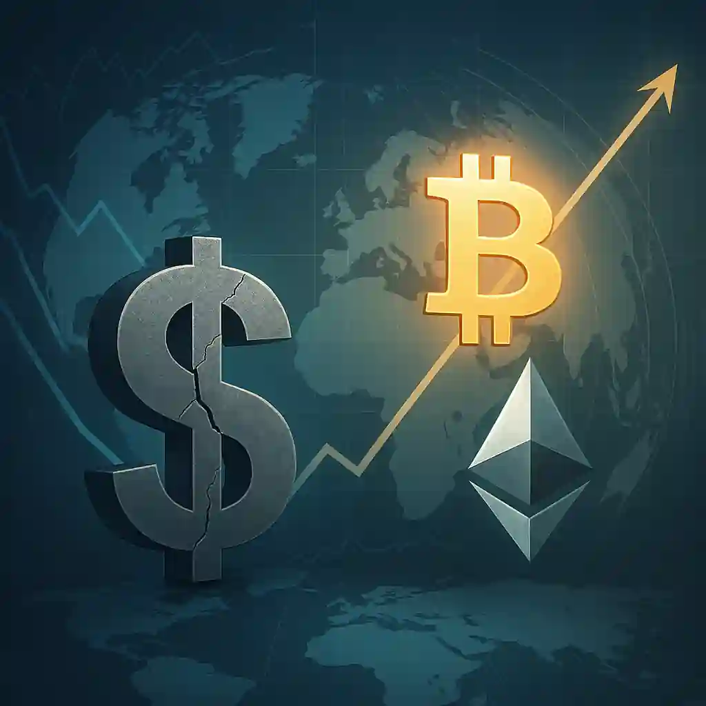 Symbole dollar fissuré à côté de Bitcoin et Ethereum lumineux sur fond de carte mondiale.