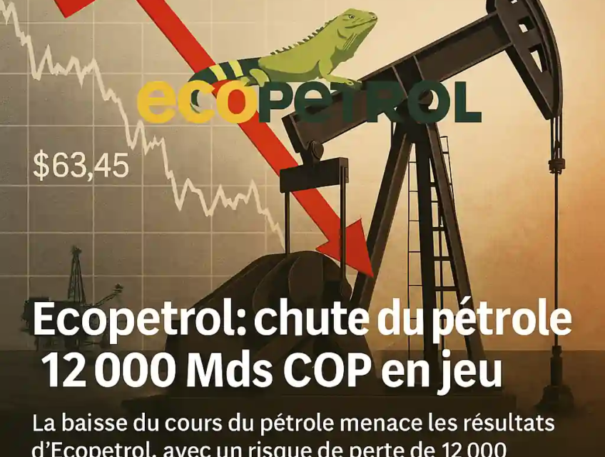 Graphique du pétrole en baisse à 63,45 $, avec un logo Ecopetrol et une pompe pétrolière.