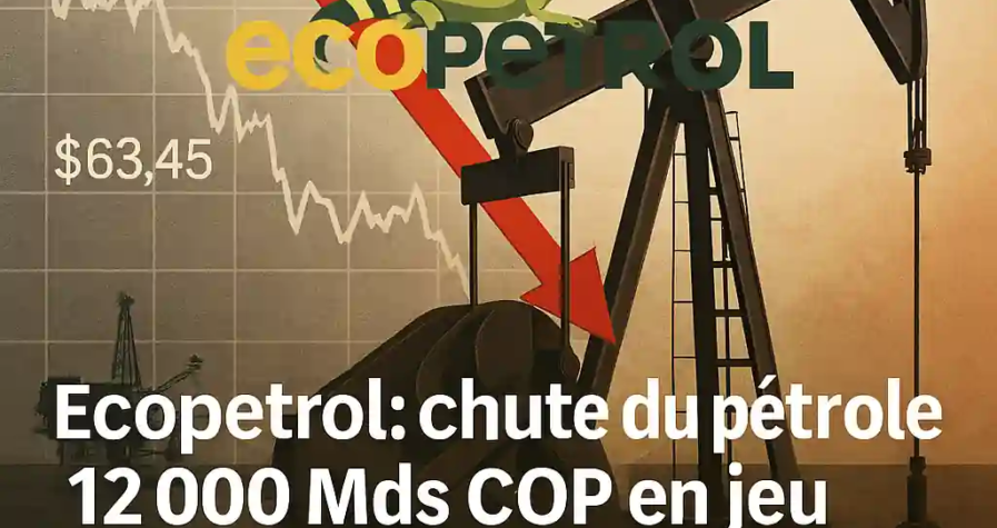 Graphique du pétrole en baisse à 63,45 $, avec un logo Ecopetrol et une pompe pétrolière.