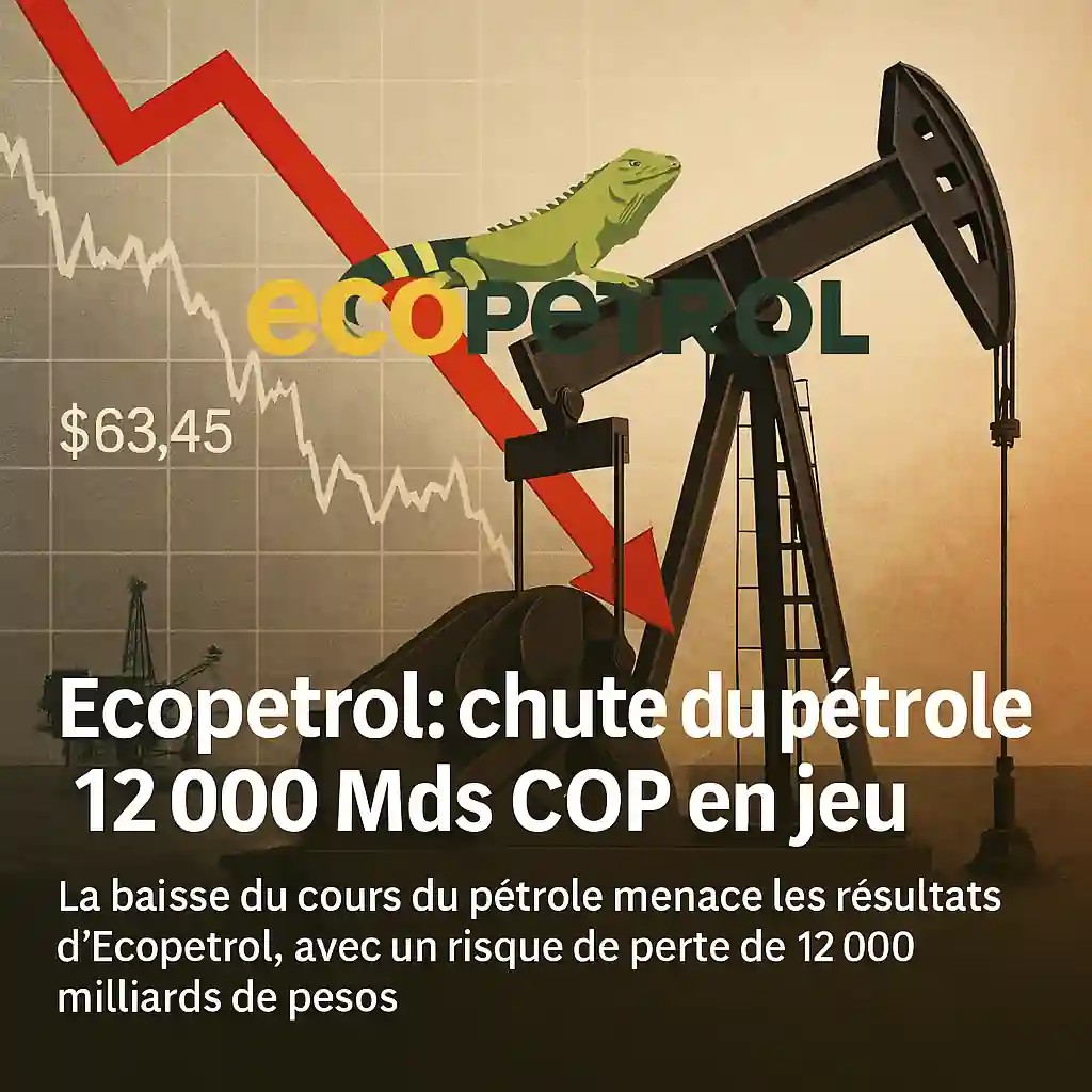 Graphique du pétrole en baisse à 63,45 $, avec un logo Ecopetrol et une pompe pétrolière.