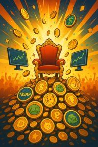 Illustration d’un trône doré sur une montagne de meme coins comme $TRUMP, Dogecoin, Pepe, avec des graphiques haussiers et une foule en liesse.