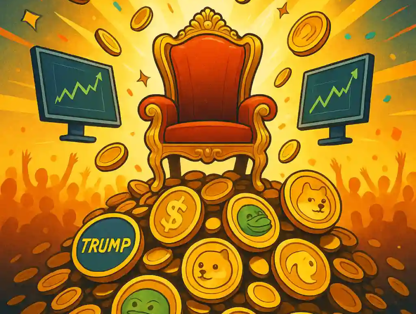 Illustration d’un trône doré sur une montagne de meme coins comme $TRUMP, Dogecoin, Pepe, avec des graphiques haussiers et une foule en liesse.