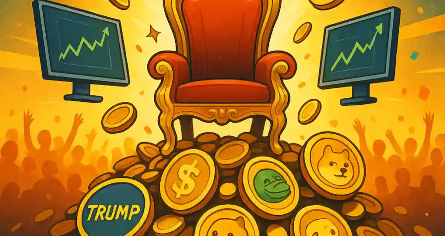 Illustration d’un trône doré sur une montagne de meme coins comme $TRUMP, Dogecoin, Pepe, avec des graphiques haussiers et une foule en liesse.