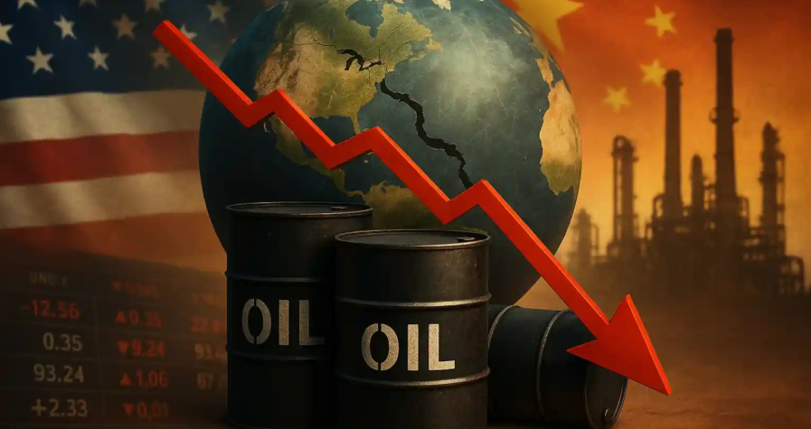 Three oil barrels with a red downward arrow in front of a cracked Earth and U.S.–China trade background
