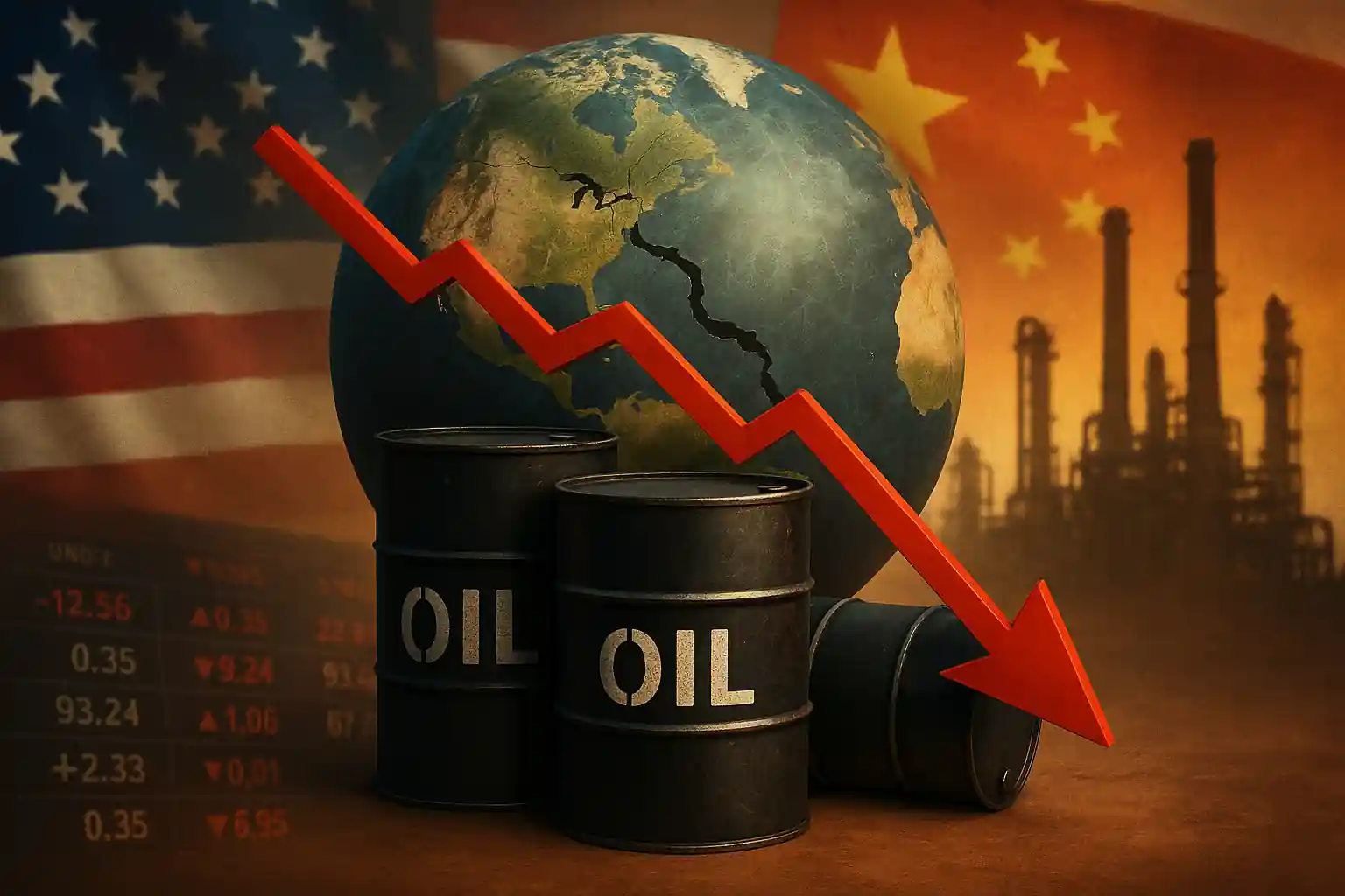 Three oil barrels with a red downward arrow in front of a cracked Earth and U.S.–China trade background