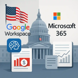Illustration montrant les logos de Google Workspace et Microsoft 365 face à face, avec graphiques de productivité, documents officiels, et le Capitole en arrière-plan.