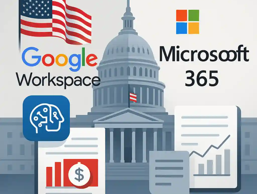 Illustration montrant les logos de Google Workspace et Microsoft 365 face à face, avec graphiques de productivité, documents officiels, et le Capitole en arrière-plan.