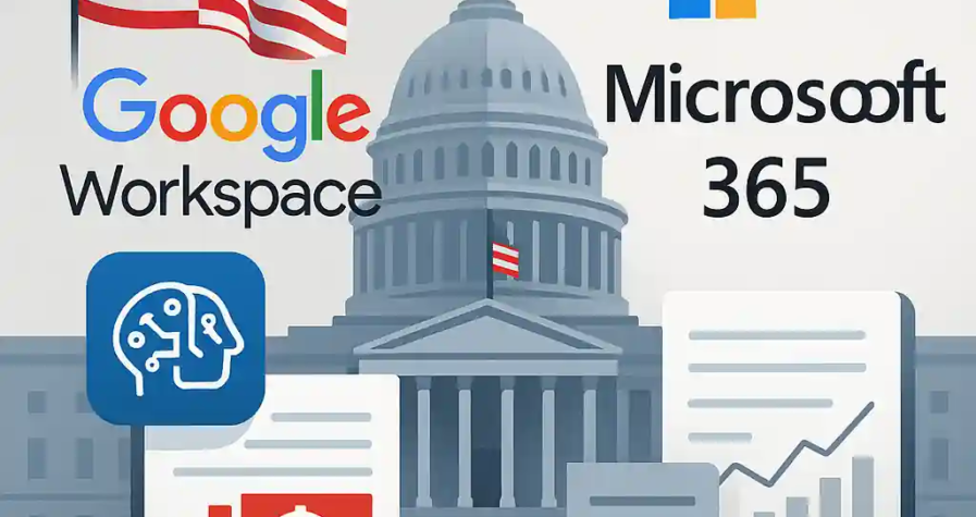 Illustration montrant les logos de Google Workspace et Microsoft 365 face à face, avec graphiques de productivité, documents officiels, et le Capitole en arrière-plan.