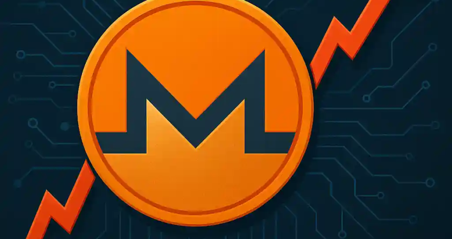 Symbole Monero en forte hausse sur fond numérique bleu sombre, illustrant l'essor suspect de la cryptomonnaie.