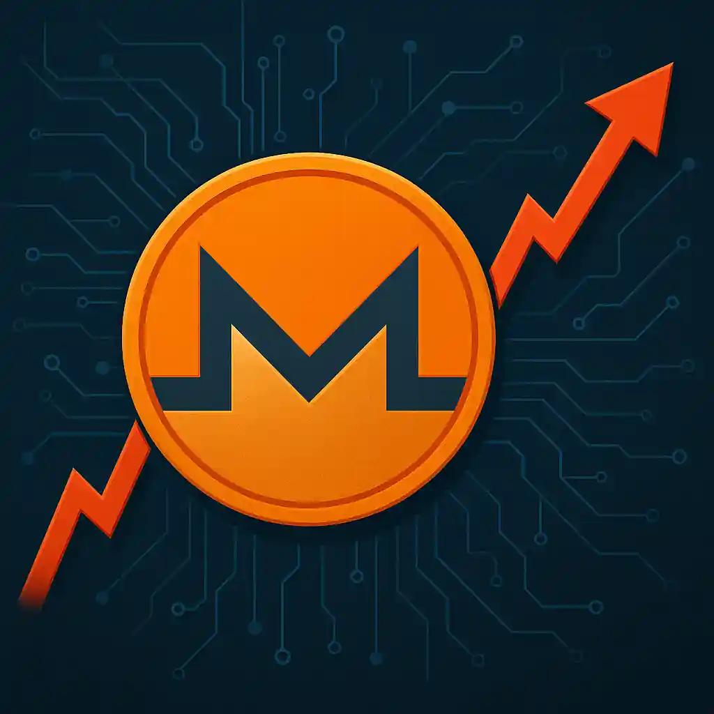 Symbole Monero en forte hausse sur fond numérique bleu sombre, illustrant l'essor suspect de la cryptomonnaie.