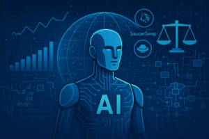 Illustration futuriste d’un agent IA supervisant un réseau financier numérique avec des éléments de blockchain et DeFi.