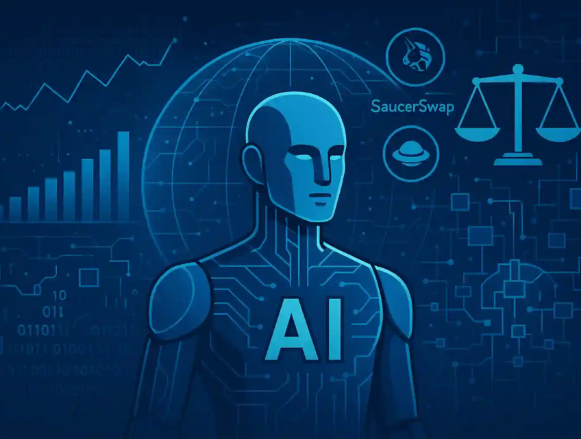 Illustration futuriste d’un agent IA supervisant un réseau financier numérique avec des éléments de blockchain et DeFi.