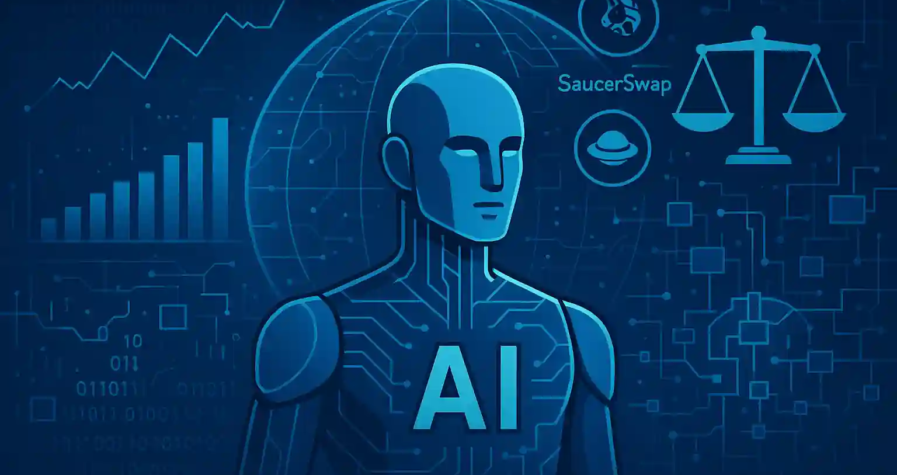 Illustration futuriste d’un agent IA supervisant un réseau financier numérique avec des éléments de blockchain et DeFi.