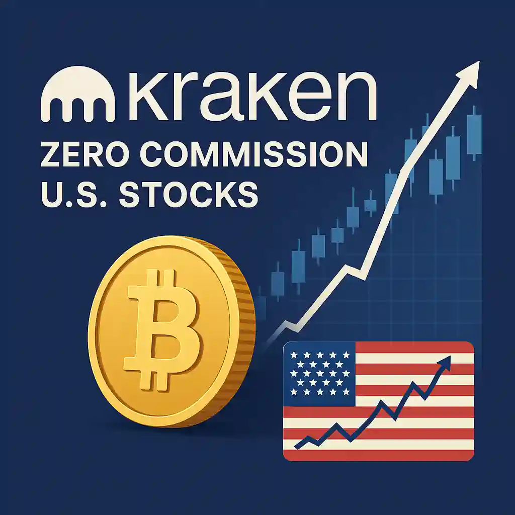 Illustration représentant Kraken lançant le trading sans commission sur les actions américaines, avec Bitcoin et graphiques boursiers.