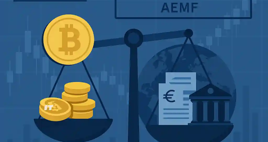 Balance déséquilibrée entre Bitcoin et documents financiers sur fond de drapeau européen et de graphiques économiques.