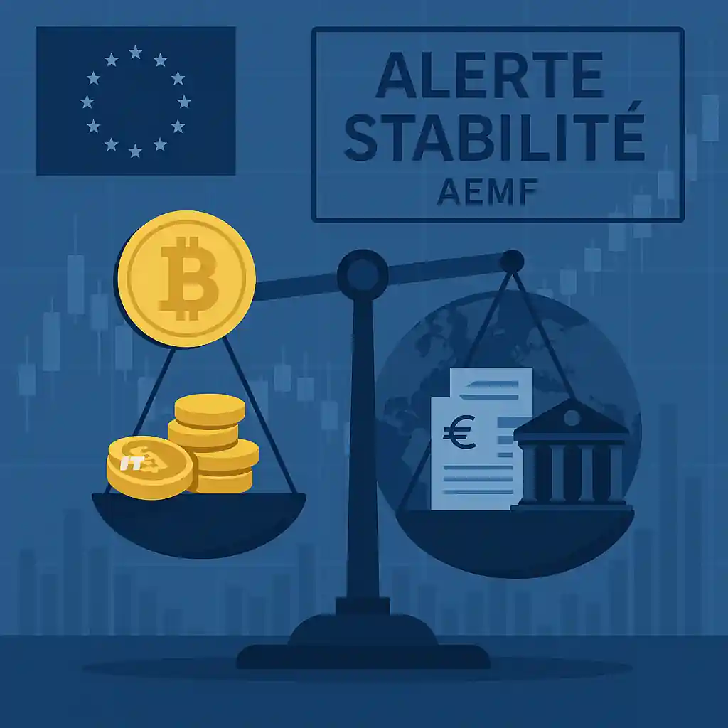 Balance déséquilibrée entre Bitcoin et documents financiers sur fond de drapeau européen et de graphiques économiques.